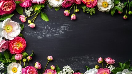 Mothers day bouquet, flowers border over black with copy space