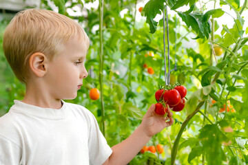 Cute little child boy gathering picking ripe tomato harvest in vegetable garden,greenhouse.Adorable Kid collecting crop. Season of vegetables,agriculture,taking care of plants.Little helpers