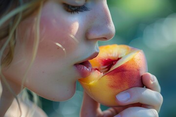 High-definition close-up of a woman enjoying a bite of juicy peach