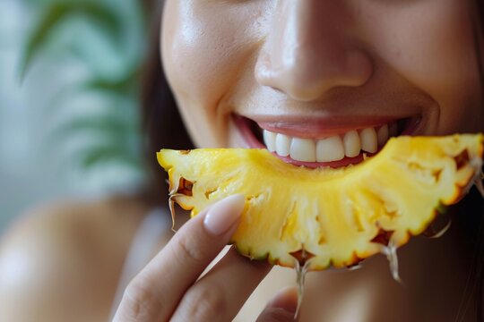 High-definition close-up of a woman enjoying a bite of tangy pineapple