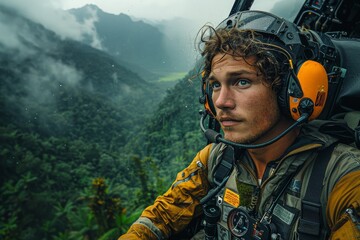 Close-up of a male helicopter pilot wearing a headset and looking ahead with a focused expression, surrounded by lush greenery of a forest