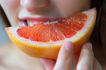 High-definition close-up of a woman enjoying a bite of tangy grapefruit