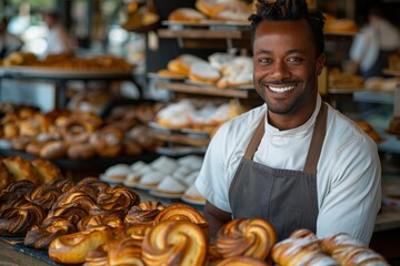 A cheerful male baker wearing an apron stands in front of a display of freshly baked croissants and assorted bakery products - obrazy, fototapety, plakaty