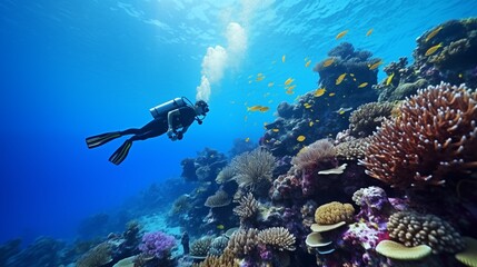 scuba diving in tropical ocean coral reef sea under water, scuba diver, diver, swim, caribbean,...