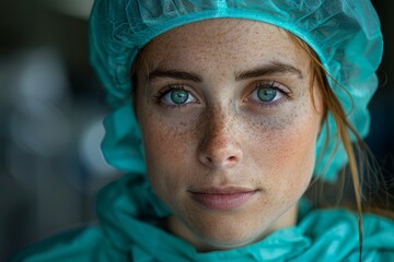 A detailed portrait of a female medical professional with blue surgical attire and clear eyes
