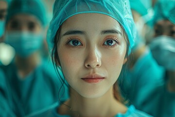 Close-up of a beautiful female medic with captivating eyes amongst a team in a medical environment
