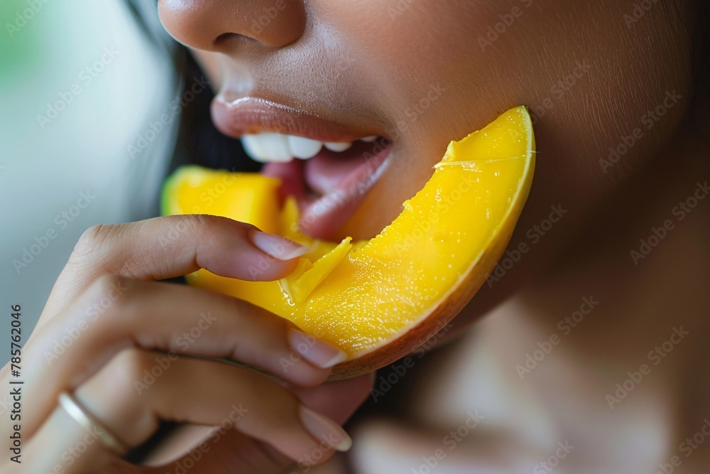 Wall mural extreme close-up of a woman nibbling on a piece of ripe mango - Wall murals