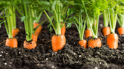 a close-up view of carrots growing in soil, with their green tops visible and the orange roots partially exposed. 