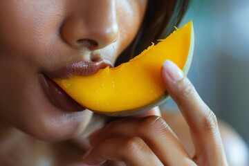 Extreme close-up of a woman nibbling on a piece of ripe mango