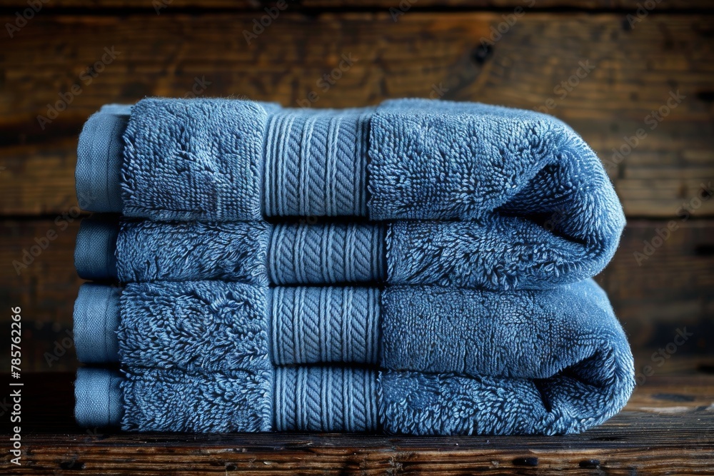 Aufkleber a close-up shot of three neatly stacked blue bath towels showing the texture and fabric detail on a 