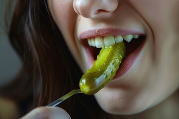 Extreme close-up of a woman munching on a tangy pickle - obrazy, fototapety, plakaty