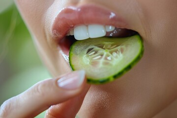 Extreme close-up of a woman nibbling on a crisp cucumber slice
