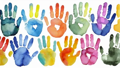 Fotobehang Artistic Touch: Colorful Hand Prints Painted in Watercolor, Perfectly Isolated on White Background © Afaq