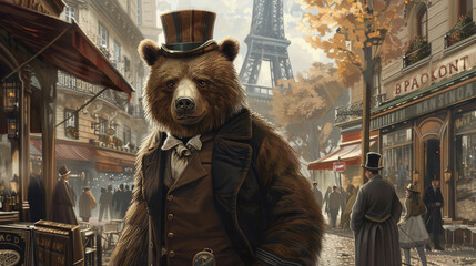 Surreal Elegance in Historical Paris: A Bear Dressed in 1890s Attire Takes a Stroll with the Eiffel Tower in the Background