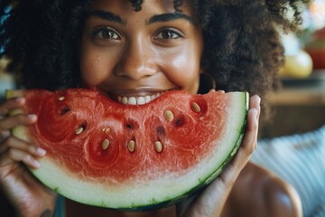 Detailed close-up of a woman relishing a slice of fresh watermelon - Powered by Adobe