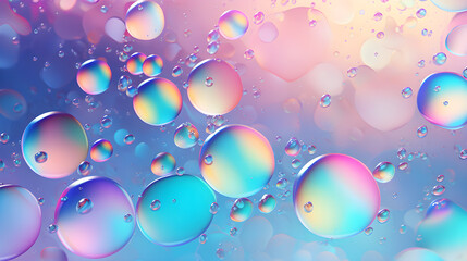 Hologram effect on oil droplets with light refraction on liquid backdrop. Vibrant holographic background