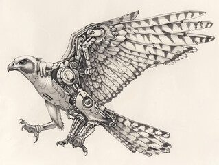 Steampunk Cyborg Falcon Illustration - A Futuristic Mechanical Bird Concept Art