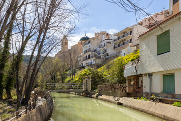 Water route, Church of San Andrés Apóstol, Alcalá del Júcar Castle, Júcar River, Castilla-La Mancha town (Albacete, Spain).
