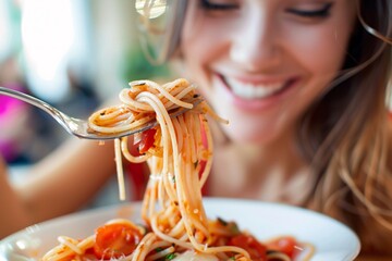 Detailed close-up of a woman relishing a forkful of spaghetti