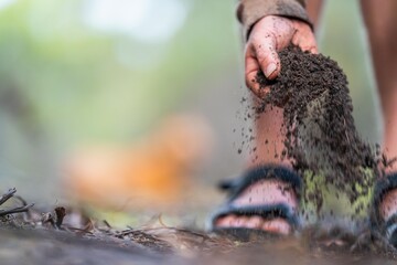 university student conducting research on forest health. farmer collecting soil samples in a test tube in a field. Agronomist checking soil carbon and plant health on a farm in australia