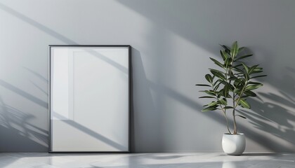 Sophisticated Interior Accent: Side View Frame Mockup with Glass Reflection in Gray Decor