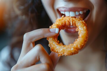 Detailed close-up of a woman munching on a crispy, golden onion ring - obrazy, fototapety, plakaty