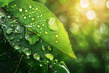 Spring summer background with dewdrops on leaves - 785763237