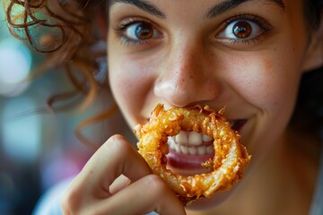 Detailed close-up of a woman munching on a crispy, golden onion ring - obrazy, fototapety, plakaty