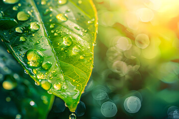 Spring summer background with dewdrops on leaves - 785763288