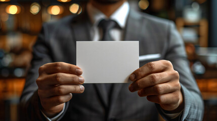 hands of a businessman holding a blank white note or business card 