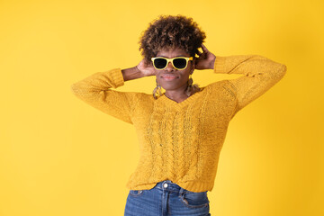 Woman Wearing Yellow Sweater and Sunglasses