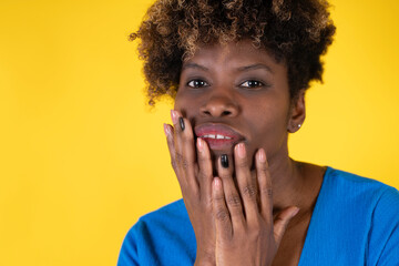 Woman Covers Her Mouth With Her Hands - obrazy, fototapety, plakaty