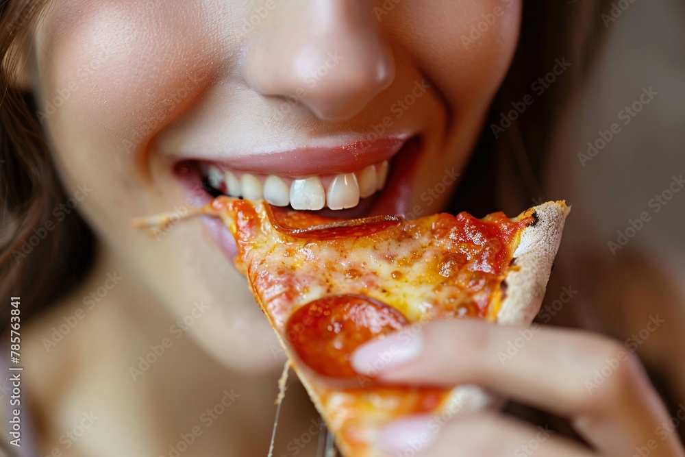 Wall mural Close-up of a woman's mouth savoring a slice of pizza - Wall murals