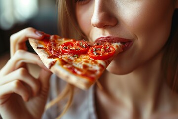 Close-up of a woman's mouth savoring a slice of pizza