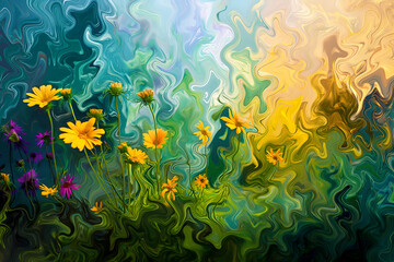 Mesmerizing digital painting of a vibrant wildflower meadow, capturing nature's floral abundance with swirling patterns and fluid brushstrokes.