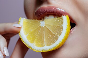 Close-up of a woman's mouth biting into a piece of tangy lemon