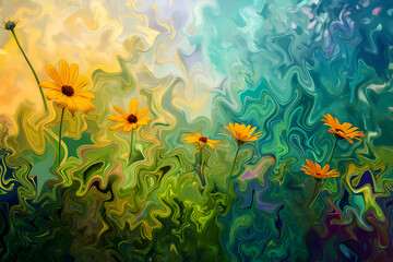 Fototapeta na wymiar Mesmerizing digital painting of a vibrant wildflower meadow, capturing nature's floral abundance with swirling patterns and fluid brushstrokes.