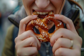Close-up of a woman biting into a crunchy, salty pretzel - obrazy, fototapety, plakaty