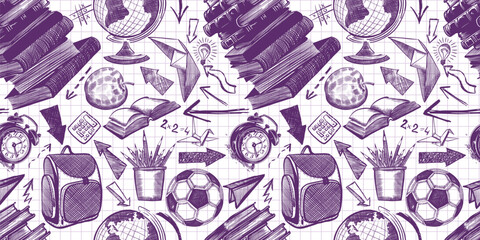 doodle style seamless pattern of blue ink school items. Handmade, not AI Vector illustration