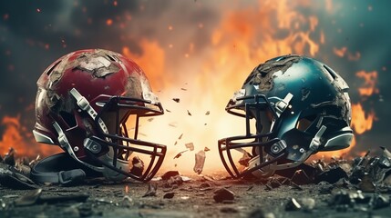 Two football helmets crashing into each other. The concept of rivalry on the field between two teams in American football.