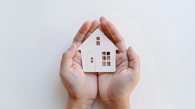 This image depicts two pairs of hands gently holding a small white cutout in the shape of a house.