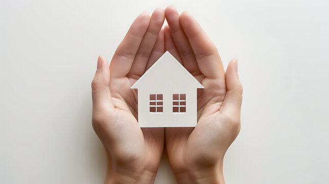 This image depicts two pairs of hands gently holding a small white cutout in the shape of a house.