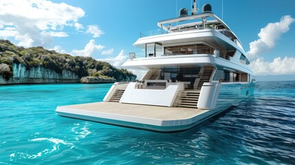 Obraz premium Luxury Lifestyle Photography of an Opulent Yacht at a Rocky Cove. Modern Superyacht Anchored in Turquoise Waters by Limestone Cliffs.