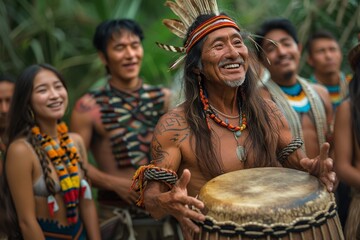 An indigenous man in vibrant traditional attire joyfully plays a drum during a cultural ceremony - obrazy, fototapety, plakaty