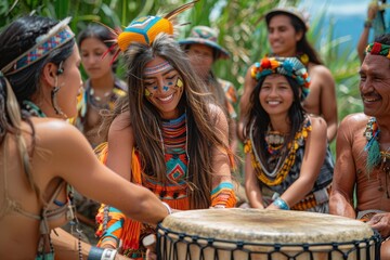 A group of indigenous people laughing and playing a drum in a celebration, showcasing cultural attire