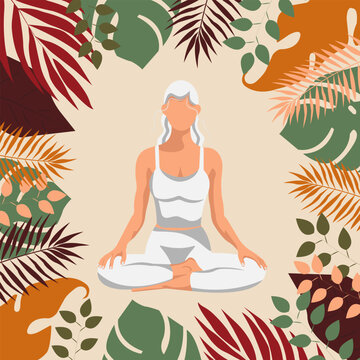 A girl in white sits in the lotus position, doing yoga.  vector design with leaves background. Concept for healthy lifestyle,mental health, meditation, relaxation, yoga, faceless woman EPS10