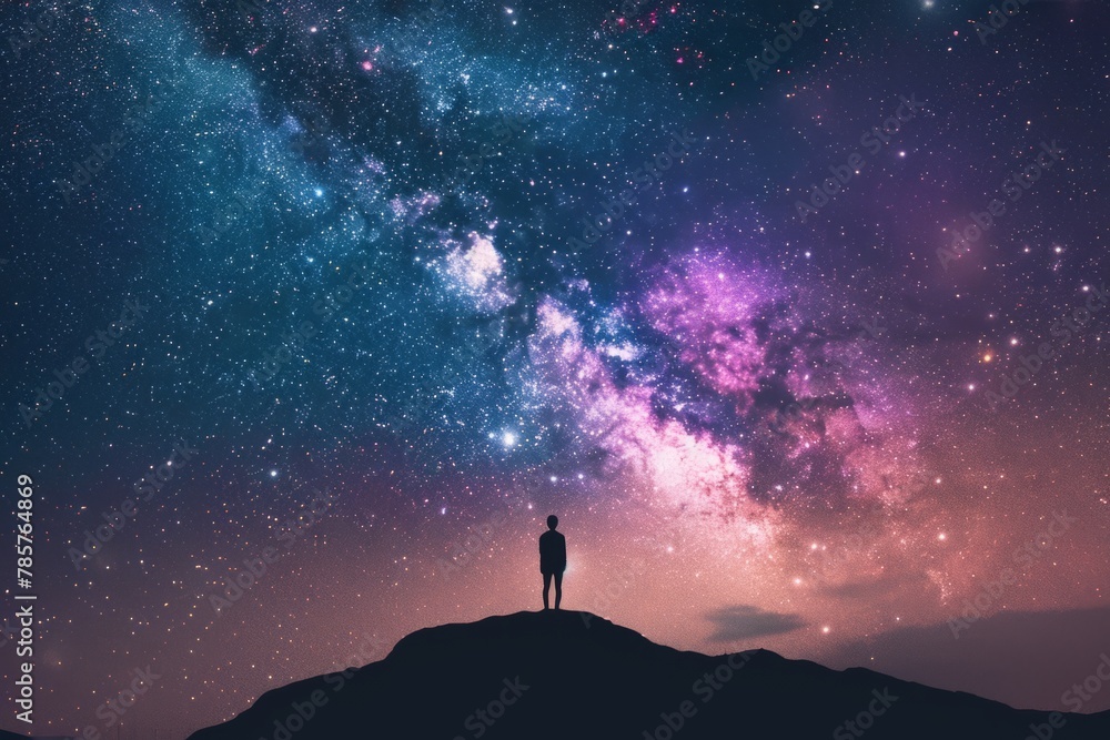 Wall mural starry background with silhouette of person standing on hill looking at night stars in colorful gala