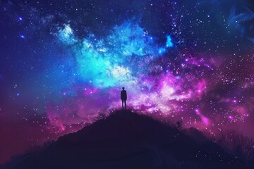 starry night, silhouette of person standing on hill looking up at the stars, vibrant colors, fantasy landscape Generative AI - obrazy, fototapety, plakaty