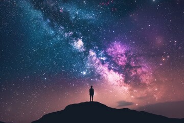 starry background with silhouette of person standing on hill looking at night stars in colorful galaxy Generative AI - obrazy, fototapety, plakaty
