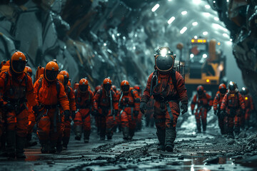 A group of futuristic orange space explorers in spacesuits and helmets, walking through an industrial alien mining complex with heavy machinery on the right side, cinematic movie scene, epic scifi sty - Powered by Adobe